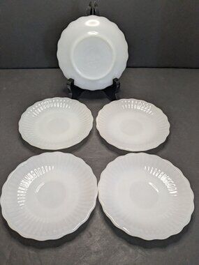 Anchor Hocking Fire King Milk Glass Teacup Saucers Set Of 5 Ribbed & Scalloped